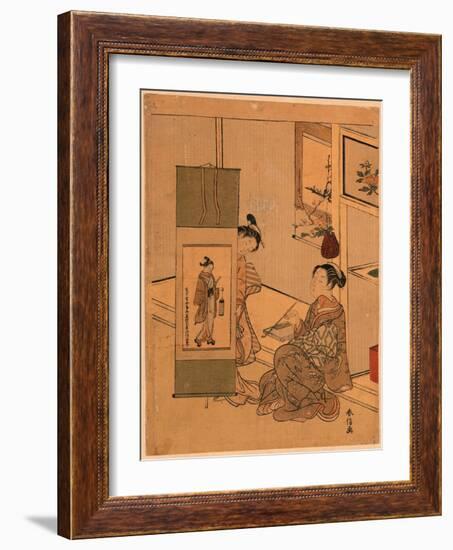 Okumura Masanobu No Kakejiku O Miru Yujo-Suzuki Harunobu-Framed Giclee Print