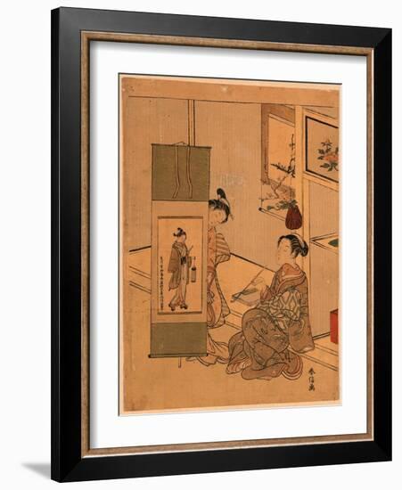 Okumura Masanobu No Kakejiku O Miru Yujo-Suzuki Harunobu-Framed Giclee Print