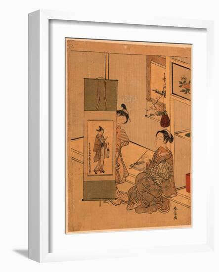 Okumura Masanobu No Kakejiku O Miru Yujo-Suzuki Harunobu-Framed Giclee Print