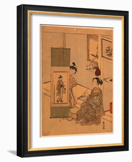 Okumura Masanobu No Kakejiku O Miru Yujo-Suzuki Harunobu-Framed Giclee Print