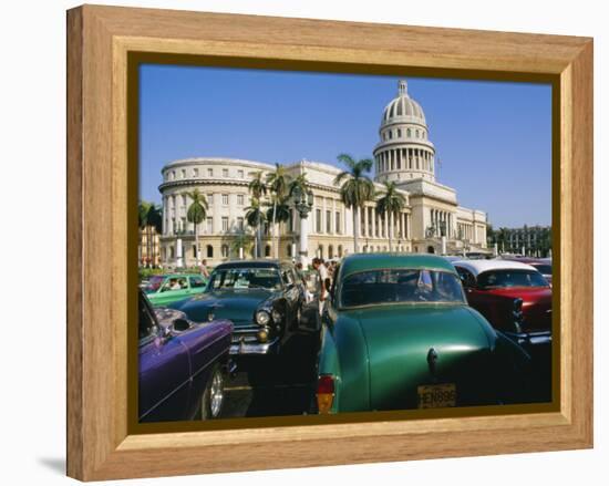 Old 1950s American Cars Outside El Capitolio Building, Havana, Cuba-Bruno Barbier-Framed Premier Image Canvas