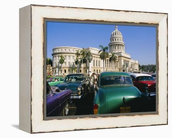 Old 1950s American Cars Outside El Capitolio Building, Havana, Cuba-Bruno Barbier-Framed Premier Image Canvas