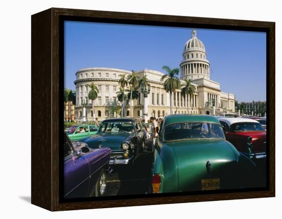 Old 1950s American Cars Outside El Capitolio Building, Havana, Cuba-Bruno Barbier-Framed Premier Image Canvas