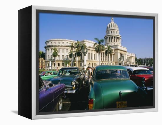 Old 1950s American Cars Outside El Capitolio Building, Havana, Cuba-Bruno Barbier-Framed Premier Image Canvas