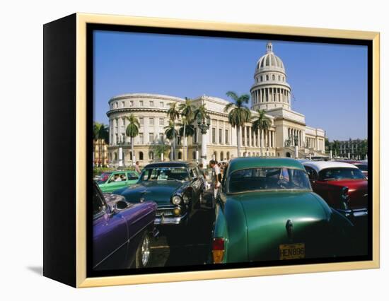 Old 1950s American Cars Outside El Capitolio Building, Havana, Cuba-Bruno Barbier-Framed Premier Image Canvas