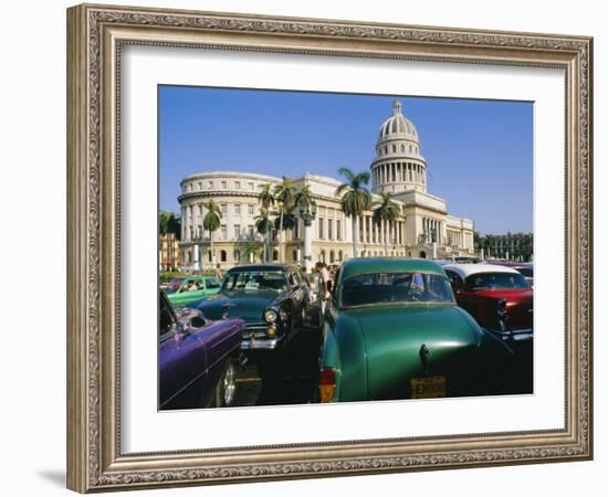 Old 1950s American Cars Outside El Capitolio Building, Havana, Cuba-Bruno Barbier-Framed Photographic Print