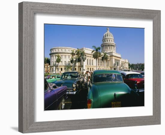 Old 1950s American Cars Outside El Capitolio Building, Havana, Cuba-Bruno Barbier-Framed Photographic Print