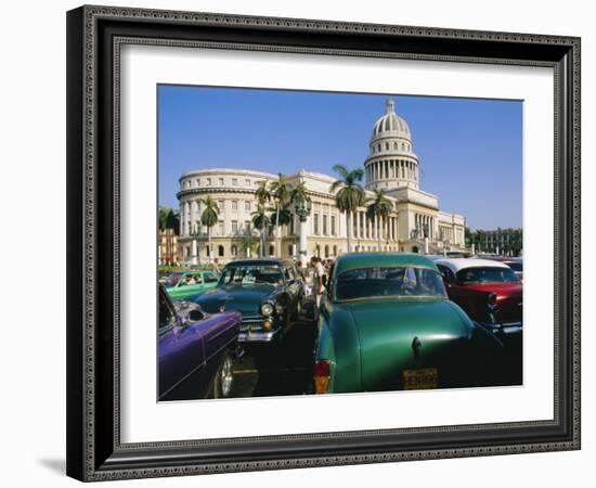 Old 1950s American Cars Outside El Capitolio Building, Havana, Cuba-Bruno Barbier-Framed Photographic Print