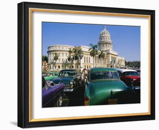 Old 1950s American Cars Outside El Capitolio Building, Havana, Cuba-Bruno Barbier-Framed Photographic Print