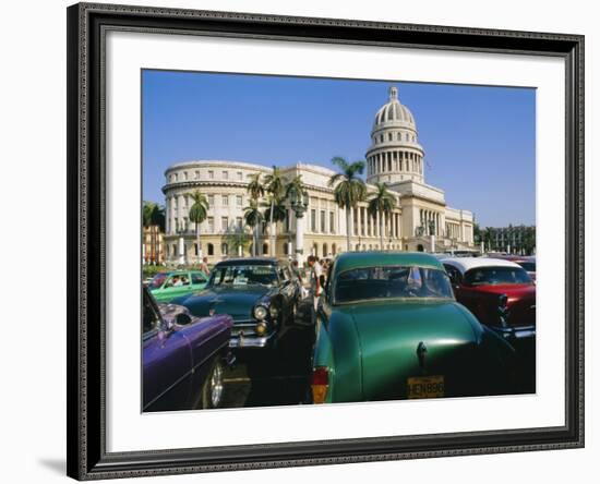 Old 1950s American Cars Outside El Capitolio Building, Havana, Cuba-Bruno Barbier-Framed Photographic Print