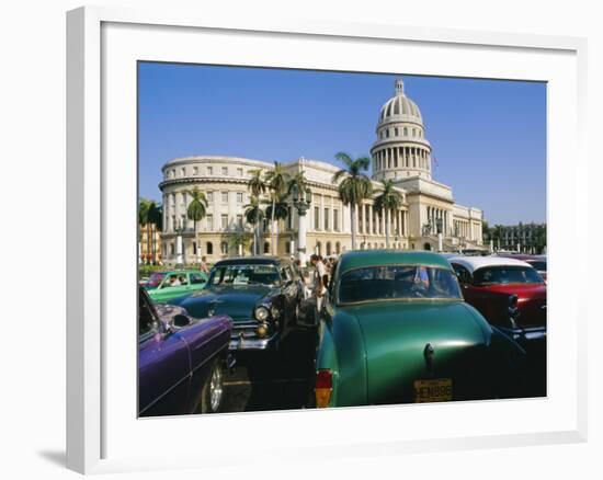 Old 1950s American Cars Outside El Capitolio Building, Havana, Cuba-Bruno Barbier-Framed Photographic Print