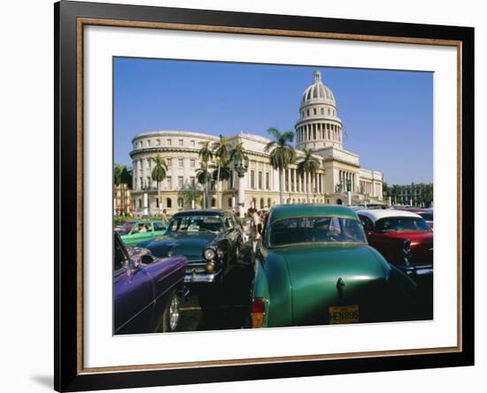 Old 1950s American Cars Outside El Capitolio Building, Havana, Cuba-Bruno Barbier-Framed Photographic Print