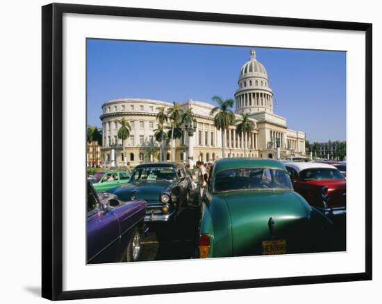 Old 1950s American Cars Outside El Capitolio Building, Havana, Cuba-Bruno Barbier-Framed Photographic Print