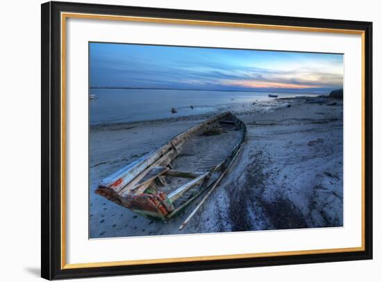 Old Abandoned Broken Boat at Sea against Sea Landscape.-sergoua-Framed Photographic Print