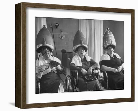 Old Age Essay: Seniors under Dryers in Hair Salon-Alfred Eisenstaedt-Framed Photographic Print