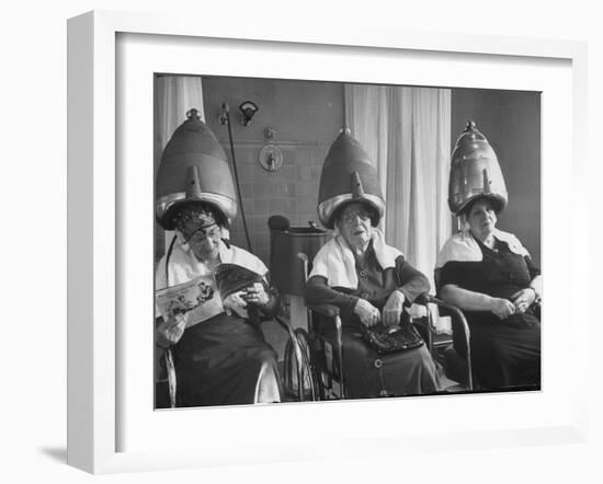 Old Age Essay: Seniors under Dryers in Hair Salon-Alfred Eisenstaedt-Framed Photographic Print