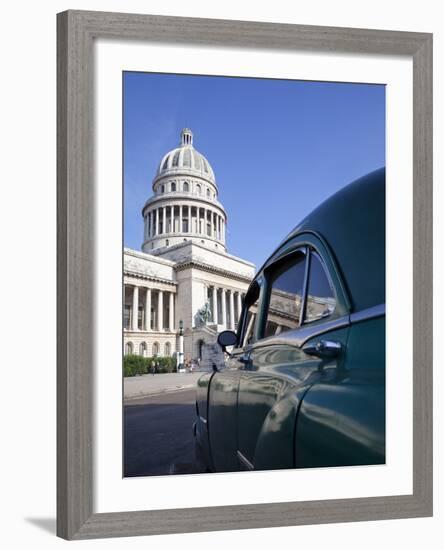 Old American Car Parked Near the Capitolio Building, Havana, Cuba, West Indies, Central America-Martin Child-Framed Photographic Print