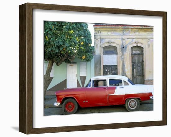 Old American Car Parked on Street Beneath Fruit Tree, Cienfuegos, Cuba, Central America-Lee Frost-Framed Photographic Print