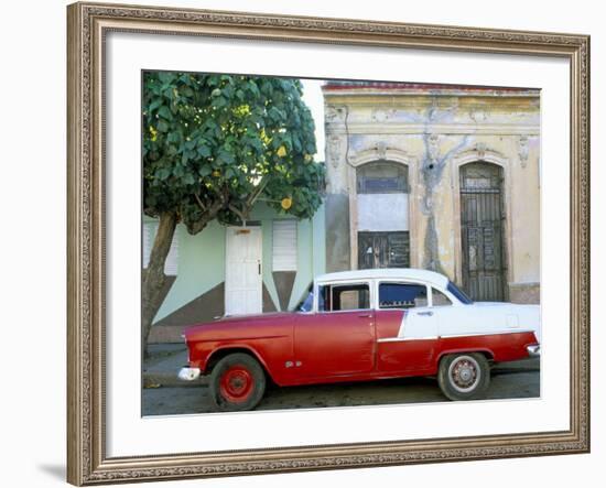 Old American Car Parked on Street Beneath Fruit Tree, Cienfuegos, Cuba, Central America-Lee Frost-Framed Photographic Print