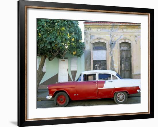 Old American Car Parked on Street Beneath Fruit Tree, Cienfuegos, Cuba, Central America-Lee Frost-Framed Photographic Print