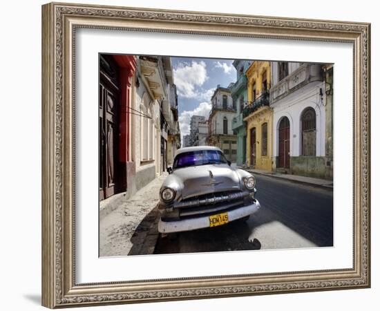 Old American Plymouth Car Parked on Deserted Street of Old Buildings, Havana Centro, Cuba-Lee Frost-Framed Photographic Print