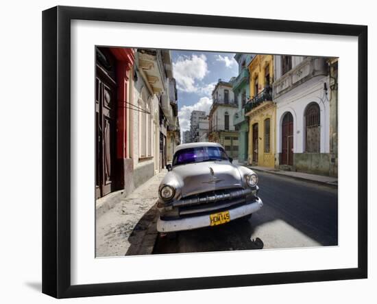 Old American Plymouth Car Parked on Deserted Street of Old Buildings, Havana Centro, Cuba-Lee Frost-Framed Photographic Print