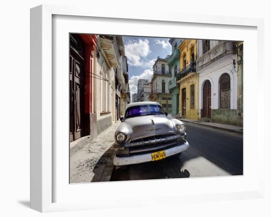 Old American Plymouth Car Parked on Deserted Street of Old Buildings, Havana Centro, Cuba-Lee Frost-Framed Photographic Print