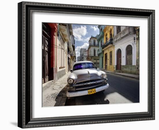 Old American Plymouth Car Parked on Deserted Street of Old Buildings, Havana Centro, Cuba-Lee Frost-Framed Photographic Print