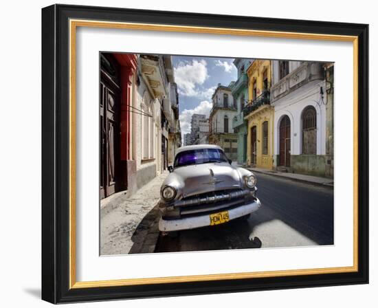 Old American Plymouth Car Parked on Deserted Street of Old Buildings, Havana Centro, Cuba-Lee Frost-Framed Photographic Print