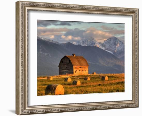 Old Barn Framed By Hay Bales, Mission Mountain Range, Montana, USA-Chuck Haney-Framed Photographic Print