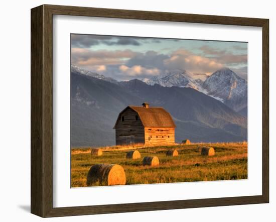 Old Barn Framed By Hay Bales, Mission Mountain Range, Montana, USA-Chuck Haney-Framed Photographic Print