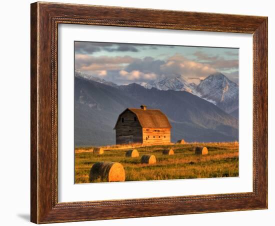 Old Barn Framed By Hay Bales, Mission Mountain Range, Montana, USA-Chuck Haney-Framed Photographic Print