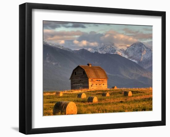 Old Barn Framed By Hay Bales, Mission Mountain Range, Montana, USA-Chuck Haney-Framed Photographic Print