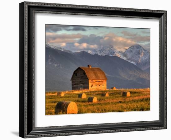 Old Barn Framed By Hay Bales, Mission Mountain Range, Montana, USA-Chuck Haney-Framed Photographic Print