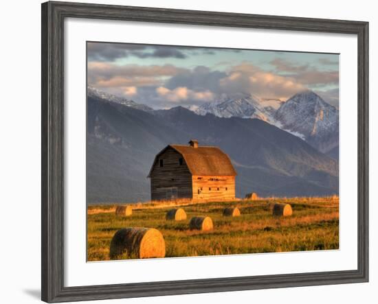 Old Barn Framed By Hay Bales, Mission Mountain Range, Montana, USA-Chuck Haney-Framed Photographic Print