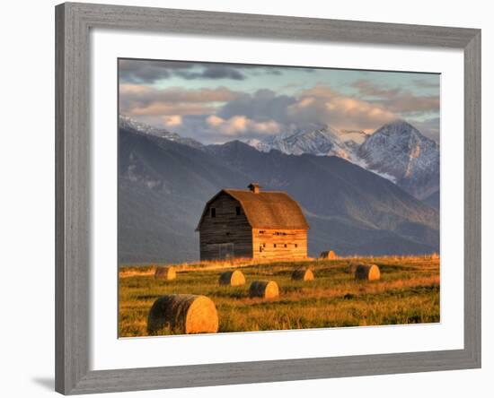 Old Barn Framed By Hay Bales, Mission Mountain Range, Montana, USA-Chuck Haney-Framed Photographic Print