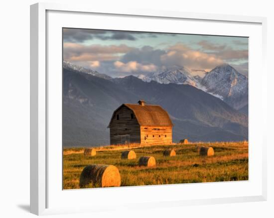 Old Barn Framed By Hay Bales, Mission Mountain Range, Montana, USA-Chuck Haney-Framed Photographic Print