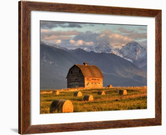 Old Barn Framed By Hay Bales, Mission Mountain Range, Montana, USA-Chuck Haney-Framed Photographic Print