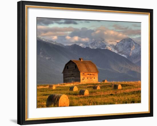 Old Barn Framed By Hay Bales, Mission Mountain Range, Montana, USA-Chuck Haney-Framed Photographic Print