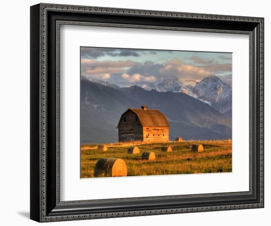 Old Barn Framed By Hay Bales, Mission Mountain Range, Montana, USA-Chuck Haney-Framed Premium Photographic Print