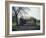 Old barn on a meadow with tree and the sun, autumn, back light-Axel Killian-Framed Photographic Print