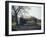 Old barn on a meadow with tree and the sun, autumn, back light-Axel Killian-Framed Photographic Print