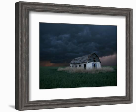 Old Barn Stands in a Wheat Field as a Thunderstorm Passes in the Distance Near Ogallah, Kansas-null-Framed Photographic Print