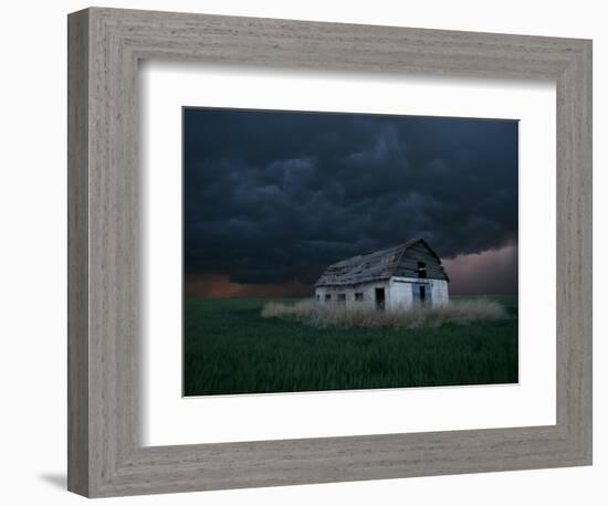 Old Barn Stands in a Wheat Field as a Thunderstorm Passes in the Distance Near Ogallah, Kansas-null-Framed Photographic Print