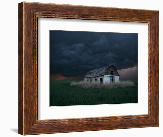 Old Barn Stands in a Wheat Field as a Thunderstorm Passes in the Distance Near Ogallah, Kansas-null-Framed Photographic Print