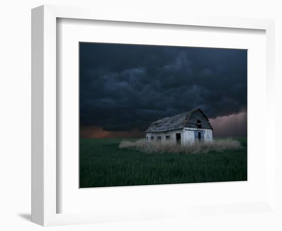 Old Barn Stands in a Wheat Field as a Thunderstorm Passes in the Distance Near Ogallah, Kansas-null-Framed Photographic Print