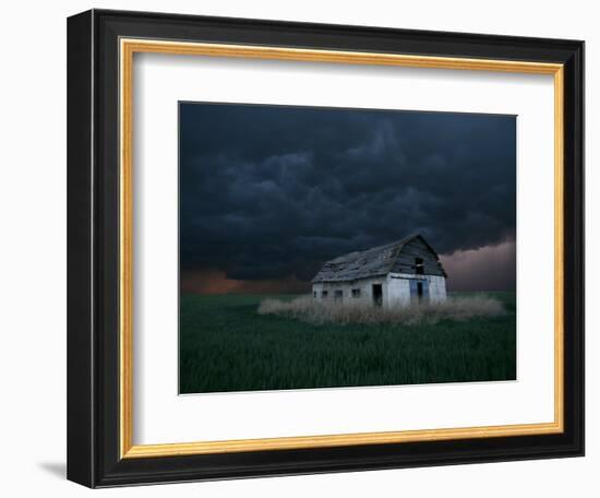 Old Barn Stands in a Wheat Field as a Thunderstorm Passes in the Distance Near Ogallah, Kansas-null-Framed Photographic Print