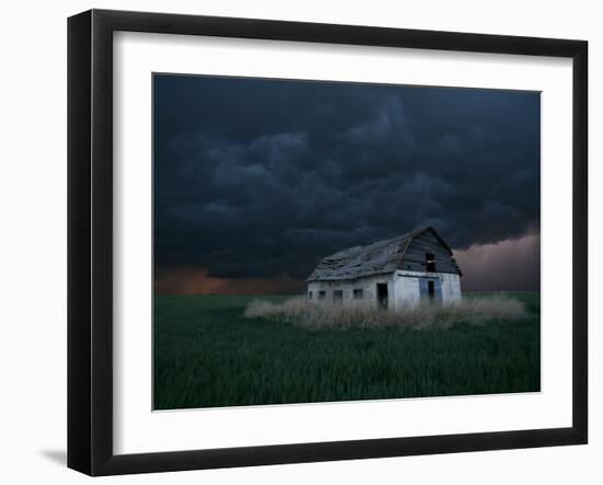 Old Barn Stands in a Wheat Field as a Thunderstorm Passes in the Distance Near Ogallah, Kansas-null-Framed Photographic Print