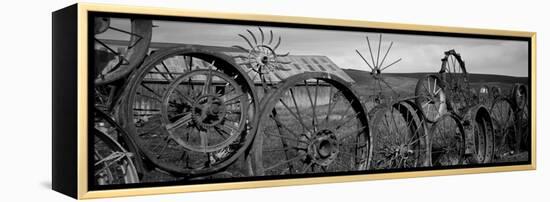 Old Barn with a Fence Made of Wheels, Palouse, Whitman County, Washington State, USA-null-Framed Premier Image Canvas