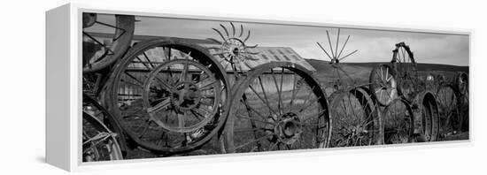 Old Barn with a Fence Made of Wheels, Palouse, Whitman County, Washington State, USA-null-Framed Premier Image Canvas